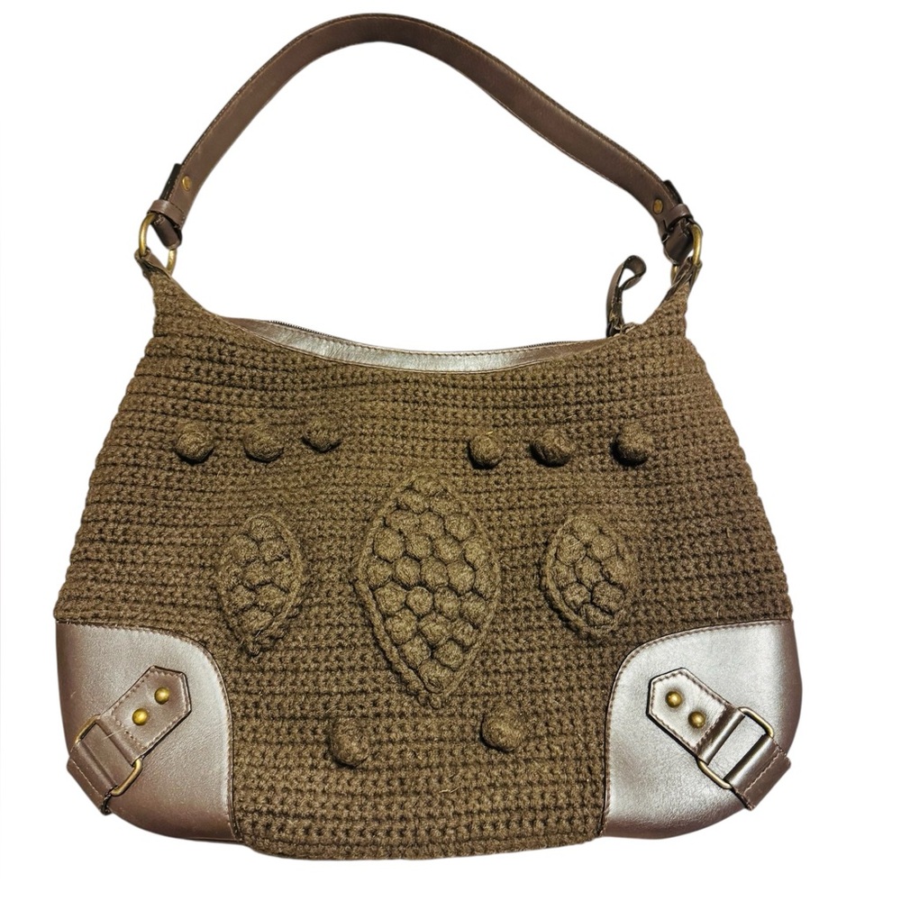 The Sak Pink Label Nubby Brown Cable Knit & Leather Zip Shoulder Handbag Purse